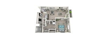 A 3D rendered image of a modern apartment layout.