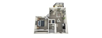 A 3D rendered image of a small apartment layout.