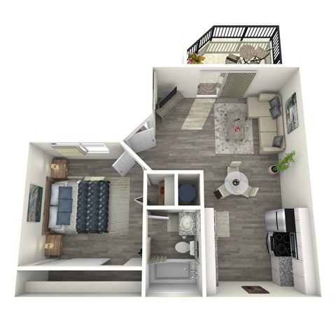A 3D rendered image of a small apartment layout.