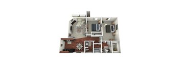 A 3D floor plan of a small apartment with a living room, kitchen, and bedrooms.