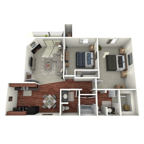 A 3D floor plan of a small apartment with a living room, kitchen, and bedrooms.