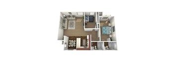 A 3D floor plan of a house showing a living room, kitchen, dining area, and bathrooms.