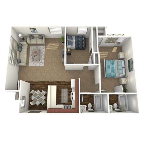A 3D floor plan of a house showing a living room, kitchen, dining area, and bathrooms.