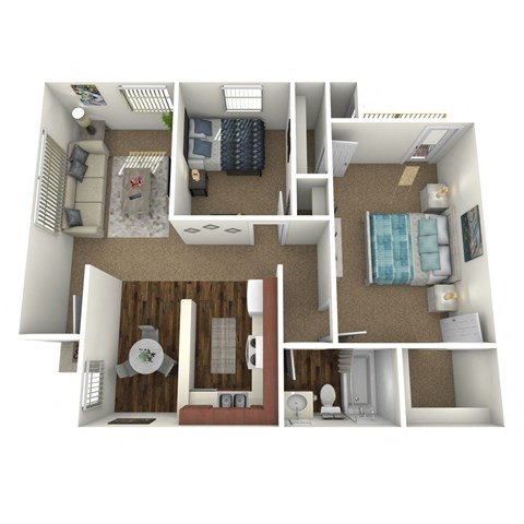 A 3D floor plan of a small apartment with a living room, kitchen, and bathroom.