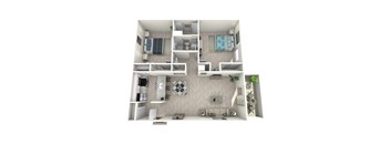 A 3D floor plan of a small apartment with a kitchen, living room, and bedrooms.