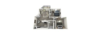 A 3D rendered image of a small apartment layout.