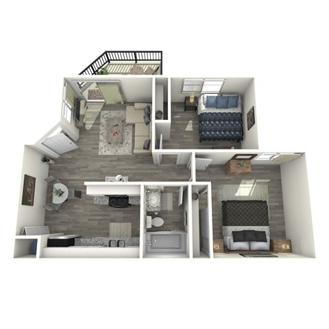 A 3D rendered image of a small apartment layout.