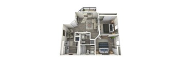 A 3D rendered image of a modern apartment layout.