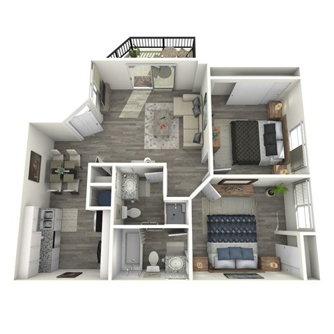 A 3D rendered image of a modern apartment layout.