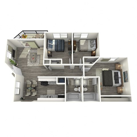 A 3D floor plan of a house showing the layout of the rooms.