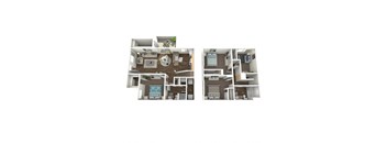 Two images of a house layout with a living room, kitchen, and bedrooms.