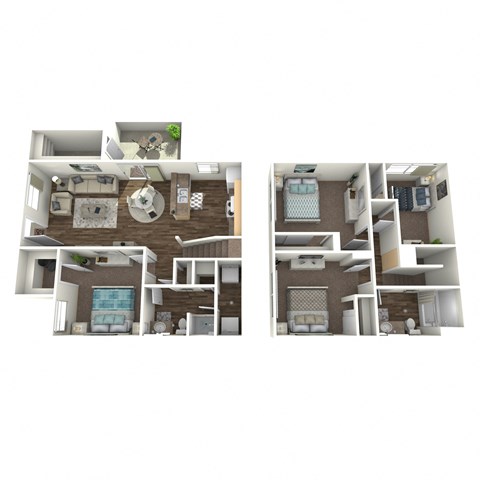 Two images of a house layout with a living room, kitchen, and bedrooms.