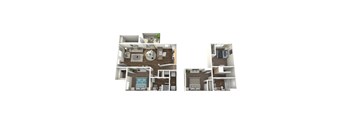 A 3D floor plan of a house with two bedrooms and two bathrooms.
