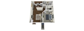 A 3D rendered image of a house layout.
