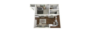 A 3D rendered image of a small apartment layout.