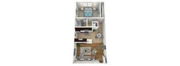 A 3D rendered image of a small apartment with a bedroom, living room, and kitchen.