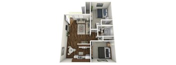 A 3D rendered image of a small apartment with a bedroom, living room, and kitchen.