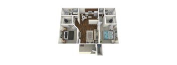 A 3D floor plan of a small apartment with a kitchen, living room, and bedroom.