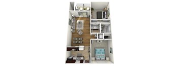 A 3D rendered image of a small apartment with a living room, kitchen, and bedroom.