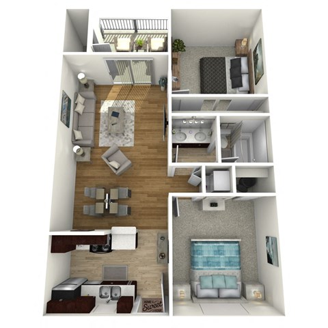 A 3D rendered image of a small apartment with a living room, kitchen, and bedroom.