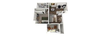 A 3D rendered image of a small apartment with a kitchen, living room, and bedroom.