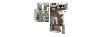 A series of four images showing different views of a modern apartment.