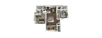 A 3D floor plan of a small apartment with a living room, kitchen, and bedrooms.