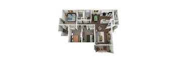A 3D floor plan of a house with multiple rooms.