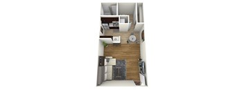 A 3D floor plan of a small apartment with a kitchen, living room, and bathroom.