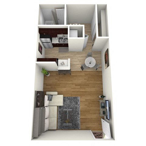 A 3D floor plan of a small apartment with a kitchen, living room, and bathroom.