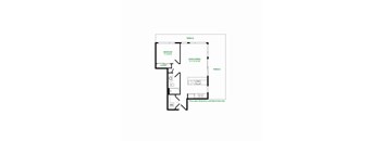 A floor plan of a room with a bedroom, bathroom, and kitchen.