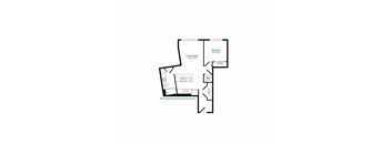 A floor plan of a small apartment with a living/dining area, a bedroom, a closet, and a bathroom.