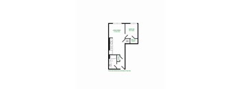 A floor plan of a room with a living and dining area, a bedroom, a kitchen, a bathroom, and a walk-in closet.