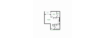 A floor plan of a house with a living area, a bedroom, a walk-in closet, and a bathroom.