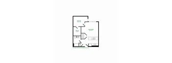 A floor plan of a room with a bedroom, living/dining area, and a kitchen.