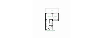 A floor plan of a room with a living area, dining area, bedroom, and closet.