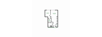 A floor plan of a room with a bedroom, living/dining area, and a bathroom.
