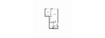 A floor plan of a room with a bedroom, living/dining area, and a closet.