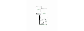 A floor plan of a room with a bedroom, living/dining area, and a WC.