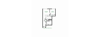A floor plan of a room with a living/dining area, a bedroom, a closet, a bathroom, and a kitchen.