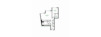 A floor plan of a room with a bedroom, living/dining area, and bathroom.