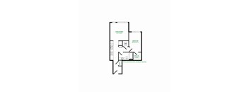 A floor plan of a room with a living/dining area, a bedroom, and a walk-in closet.