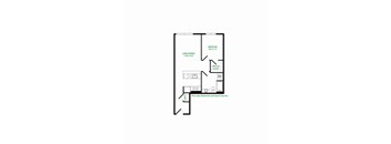 A black and white image of a house plan with a living and dining area, a bedroom, a walk-in closet, and a bathroom.