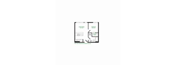 A floor plan of a room with a living/dining area, a bedroom, a walk-in closet, and a bathroom.