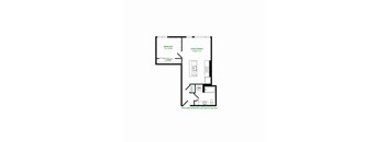 A floor plan of a room with a bedroom, living/dining area, and kitchen.