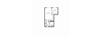 A floor plan of a small apartment with a bedroom, living/dining area, and a bathroom.