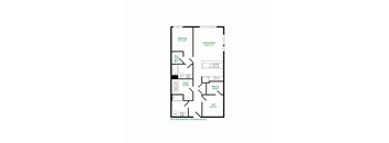 A floor plan of a room with a bedroom, living/dining area, utility closet, and den.