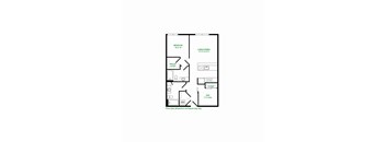 A floor plan of a room with a bedroom, living/dining area, and a den.