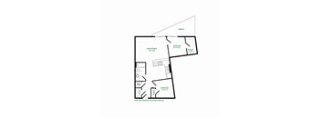 A drawing of a house plan with two bedrooms and a living/dining area.