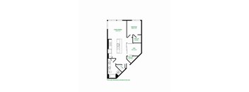 A floor plan of a room with a living/dining area, a bedroom, a den, and a walk-in closet.